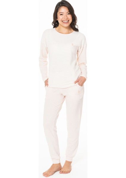 20129 Kadın Pembe Melanj Yuvarlak Yaka Uzun Kollu Pijama Takımı