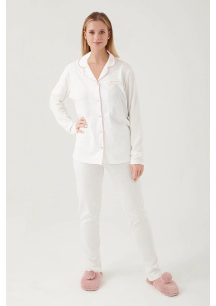 7717 Kadın Krem Uzun Kollu Önden Düğmeli Biyeli Gömlek Pijama Takımı fiyatları