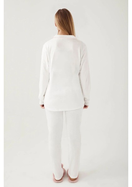 7717 Kadın Krem Uzun Kollu Önden Düğmeli Biyeli Gömlek Pijama Takımı fırsatları