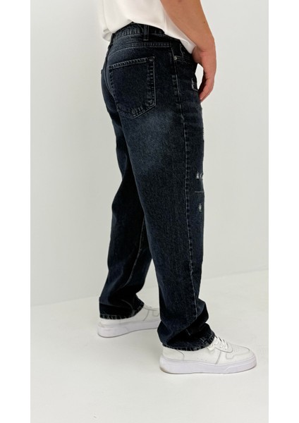 Nora Baggy Denim Koyu Mavi Lazer Detaylı Erkek Jean Pantolon modelleri