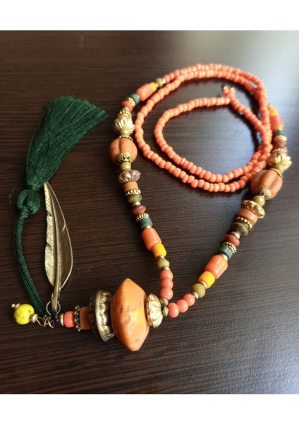 Hint Tarzı Etnik Cam Boncuk Seramik 80 Cm. Uzun Kolye