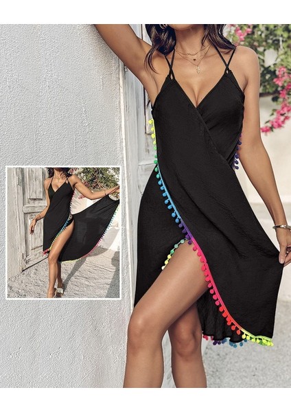 Kadın Askılı Derin V Yakalı Çapraz Geçmeli Ponponlu Bürümcük Pareo modelleri