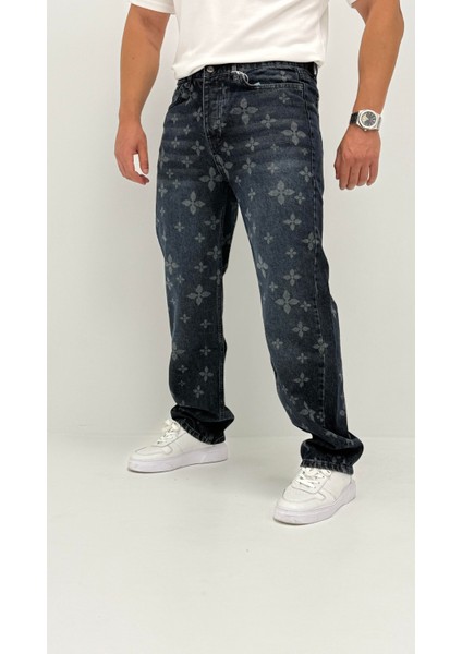 Hope Baggy Denim Koyu Mavi Lazer Baskı Detaylı Erkek Jean Pantolon modelleri