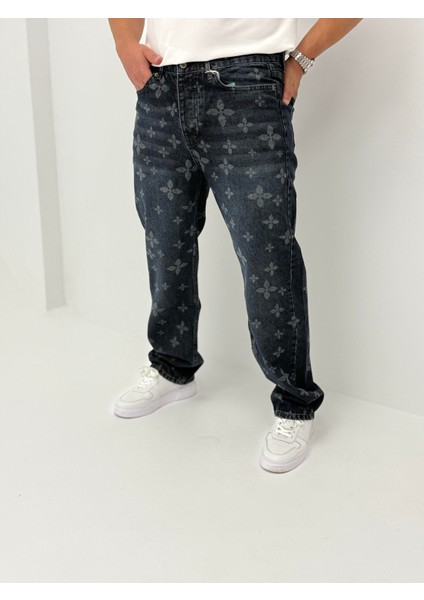 Hope Baggy Denim Koyu Mavi Lazer Baskı Detaylı Erkek Jean Pantolon fırsatları