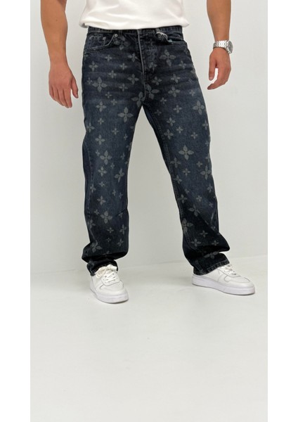 Hope Baggy Denim Koyu Mavi Lazer Baskı Detaylı Erkek Jean Pantolon indirimleri