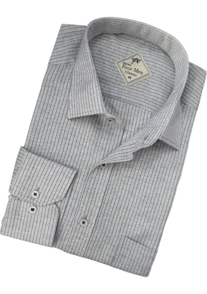 Erkek Klasik Geniş Rahat Kesim Cepli Çizgili Uzun Kollu Pamuk Gömlek