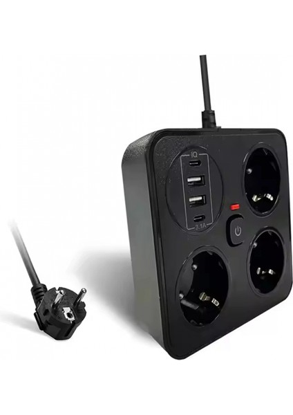 Akım Korumalı Anahtarlı Priz - 3x Priz - 2x USB - 2x Type-C - 2 mt Kablo Hızlı Şarj Özellikli Siyah fiyatları