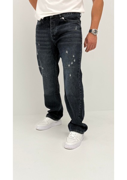 Nora Baggy Denim Koyu Mavi Lazer Detaylı Erkek Jean Pantolon