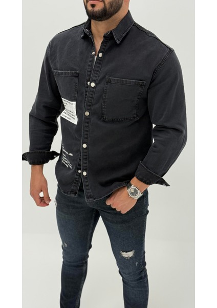 Jayden Classic Denim Black Dıgıtal Baskılı Vintage Jean Erkek Gömlek