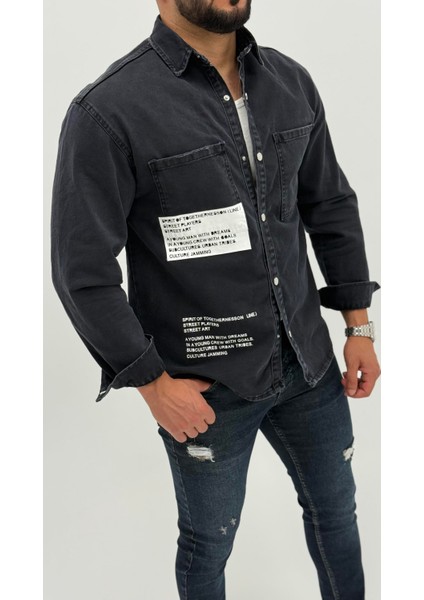 Jayden Classic Denim Black Dıgıtal Baskılı Vintage Jean Erkek Gömlek modelleri