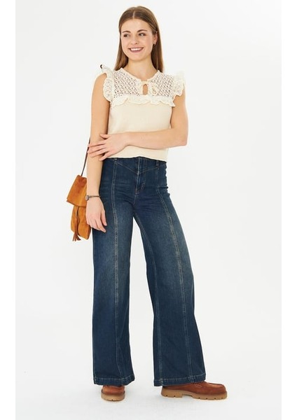 Ön Conta Detaylı Koyu Mavi Denim Pantolon