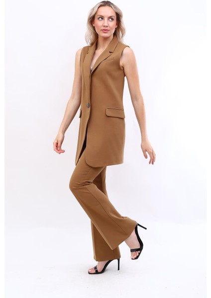 Tek Düğmeli Salaş Yelek & Ispanyol Paça Pantolon Takım-Camel modelleri