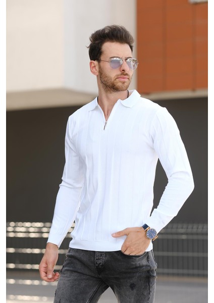 Vilnius Slim Fit Çizgili Gömlek Yaka Yarım Fermuarlı Erkek Triko
