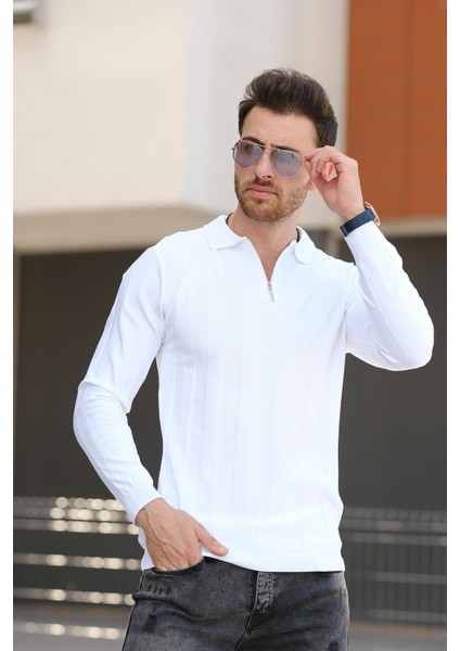 Vilnius Slim Fit Çizgili Gömlek Yaka Yarım Fermuarlı Erkek Triko fiyatları