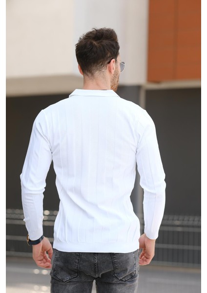 Vilnius Slim Fit Çizgili Gömlek Yaka Yarım Fermuarlı Erkek Triko modelleri