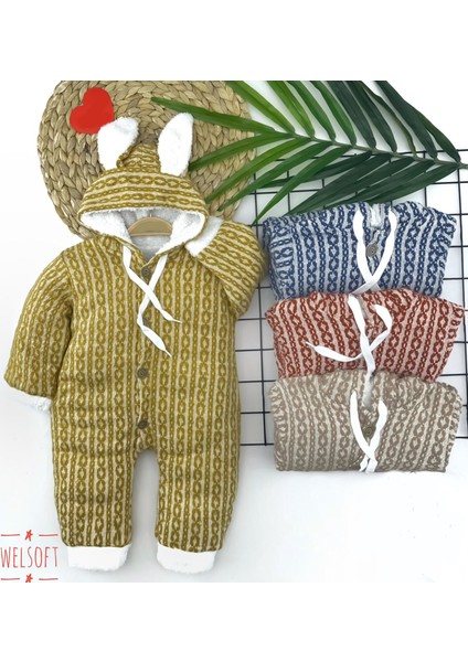 6-9-12-18 Ay Düğme Kapamalı Kulaklı Kapşonlu Triko Kumaş Kız Erkek Bebek Tulumu