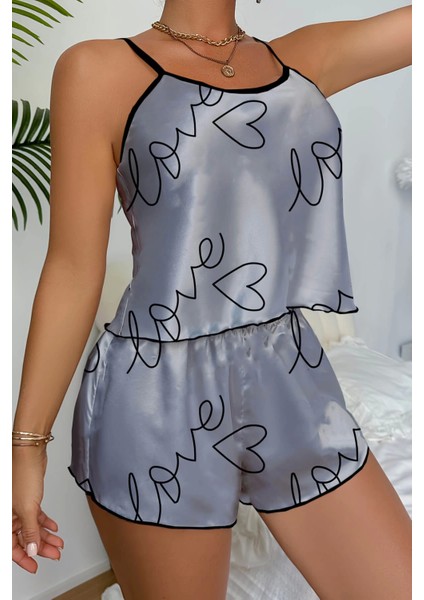 Love Baskılı Saten Şortlu Gecelik modelleri