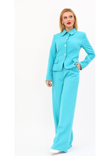Gömlek Yaka Klasik Ceket & Korsaj Kemer Palazzo Pantolon-Turkuaz