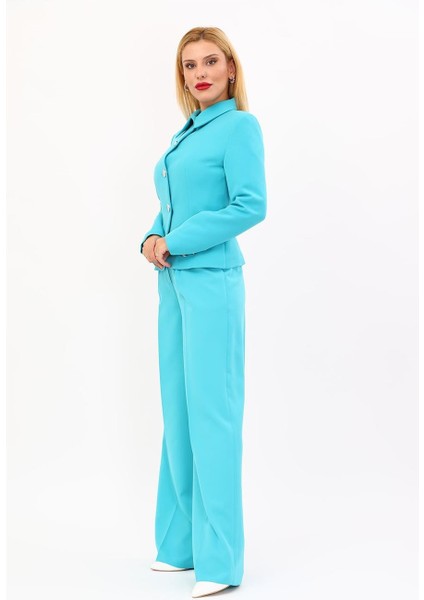 Gömlek Yaka Klasik Ceket & Korsaj Kemer Palazzo Pantolon-Turkuaz fiyatları