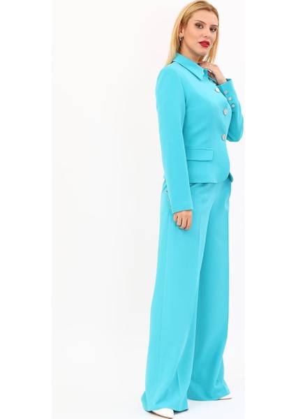 Gömlek Yaka Klasik Ceket & Korsaj Kemer Palazzo Pantolon-Turkuaz modelleri