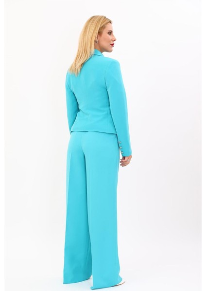 Gömlek Yaka Klasik Ceket & Korsaj Kemer Palazzo Pantolon-Turkuaz fırsatları