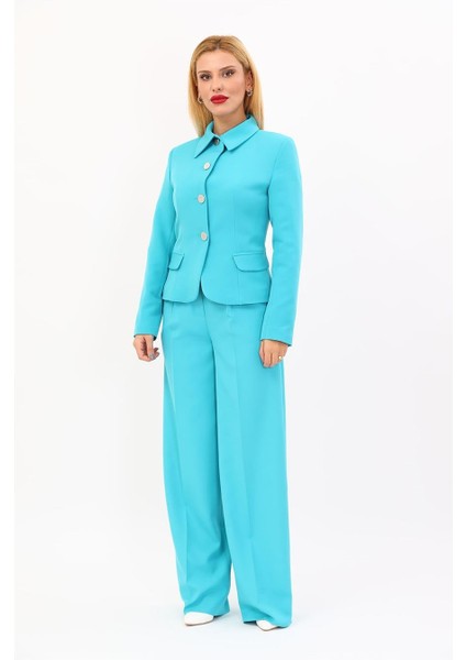 Gömlek Yaka Klasik Ceket & Korsaj Kemer Palazzo Pantolon-Turkuaz indirimleri
