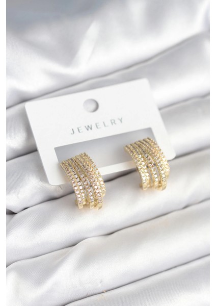 Bfs Zirkon Taşlı Şerit Model Gold Renk Pirinç Kadın Küpe