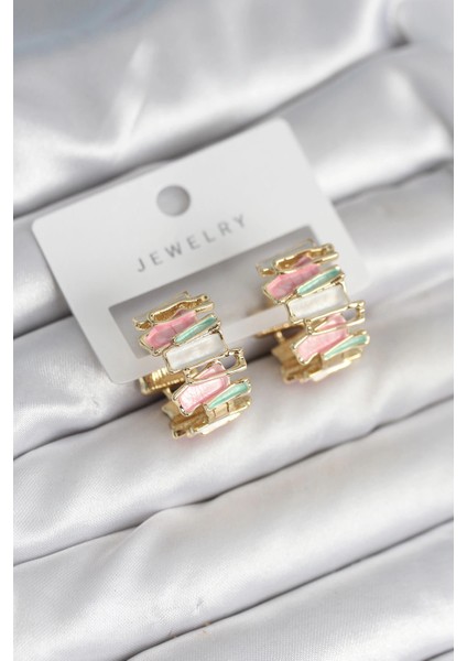 Bfs Mineli Karışık Renkli Gold Pirinç Kadın Küpe