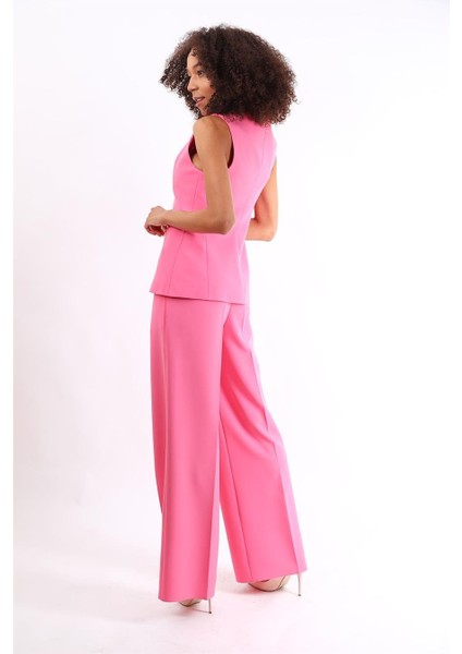 Uzun Klasik Yelek & Yüksek Bel Bol Paça Pantolon Takım-Pembe fırsatları