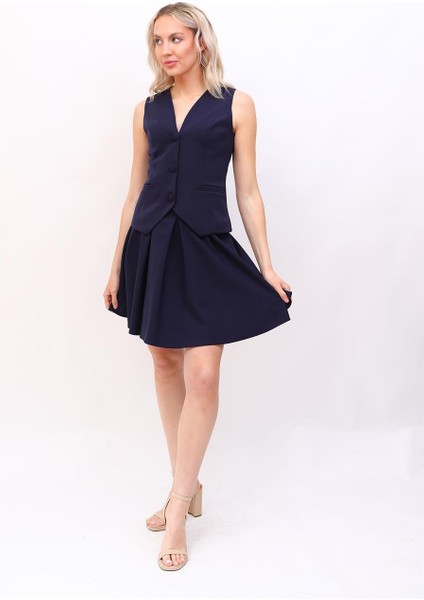 Klasik Yelek & Kısa Kloş Etek Takım-Lacivert fiyatları