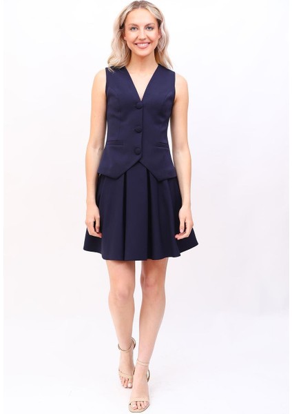 Klasik Yelek & Kısa Kloş Etek Takım-Lacivert modelleri