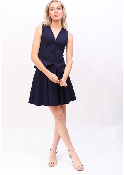 Klasik Yelek & Kısa Kloş Etek Takım-Lacivert fırsatları