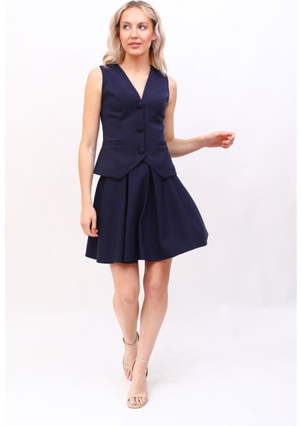 Klasik Yelek & Kısa Kloş Etek Takım-Lacivert indirimleri