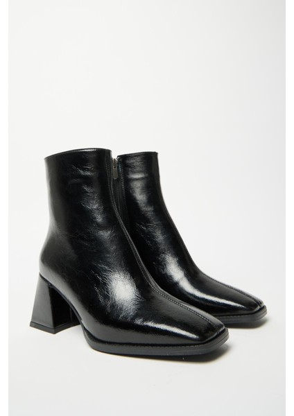 Kadın Siyah Rugan Bot & Bootie Küt Burun Topuklu Fermuarlı Şık
