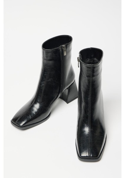 Kadın Siyah Rugan Bot & Bootie Küt Burun Topuklu Fermuarlı Şık modelleri