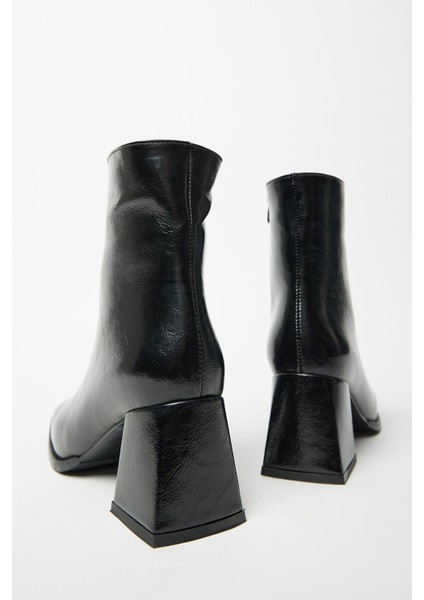 Kadın Siyah Rugan Bot & Bootie Küt Burun Topuklu Fermuarlı Şık fırsatları