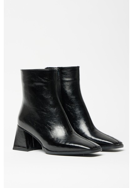 Kadın Siyah Rugan Bot & Bootie Küt Burun Topuklu Fermuarlı Şık indirimleri