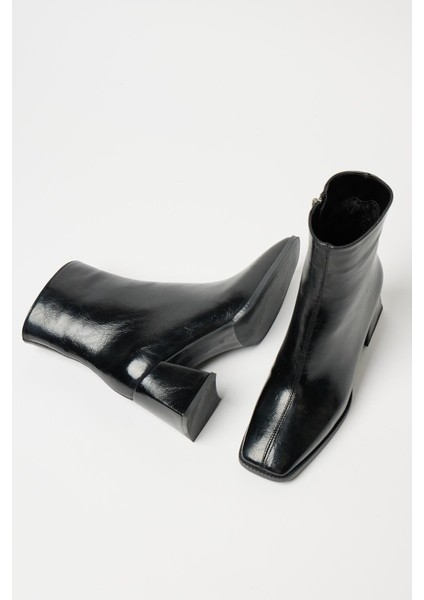 Kadın Siyah Rugan Bot & Bootie Küt Burun Topuklu Fermuarlı Şık