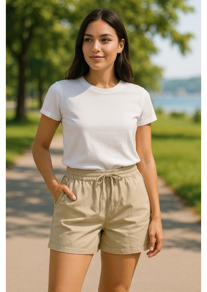 Krem Regular Bağcıklı Kadın Short