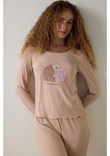Bej Dreaming Leopar Desenli Bisiklet Yaka Uzun Kollu Pijama Üstü