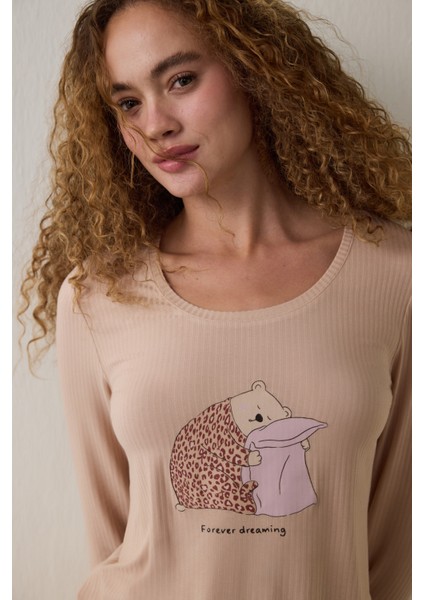 Bej Dreaming Leopar Desenli Bisiklet Yaka Uzun Kollu Pijama Üstü fiyatları