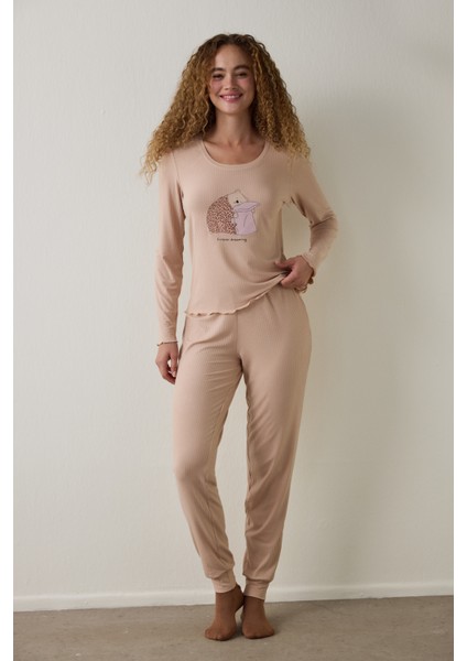 Bej Dreaming Leopar Desenli Bisiklet Yaka Uzun Kollu Pijama Üstü modelleri