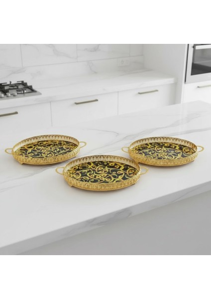 3 Adet Gold Renk Vav Desen Metal Çerçeveli Cam Nişan-Servis Tepsi Seti – 28×19 cm