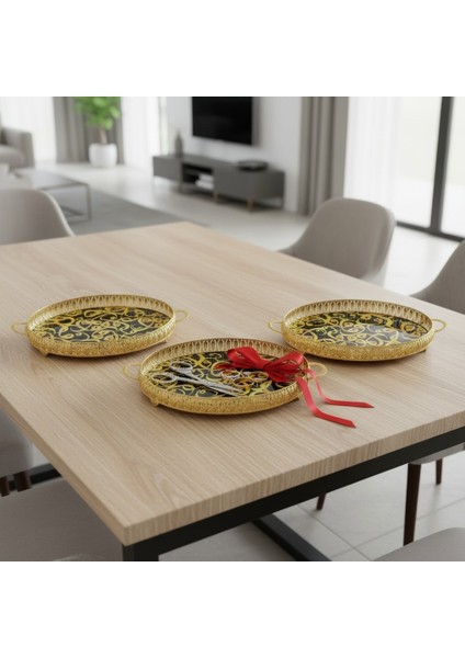 3 Adet Gold Renk Vav Desen Metal Çerçeveli Cam Nişan-Servis Tepsi Seti – 28×19 cm modelleri