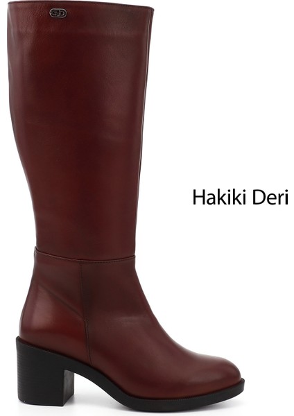Kadın Bordo Fermuarlı Kalın Topuklu Hakiki Deri Çizme