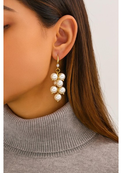 18K Altın Kaplama Salkım Inci Küpe