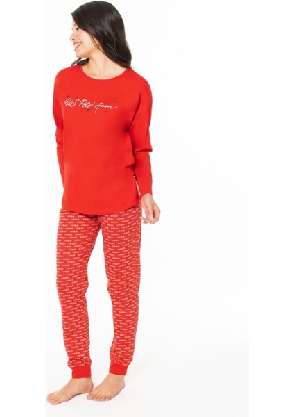 20147 Kadın Kırmızı Yuvarlak Yaka Uzun Kollu Pijama Takımı fiyatları