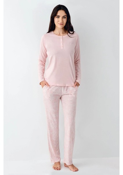 9086 Kadın Pembe Uzun Kollu Yarım Pat Pijama Takımı fiyatları