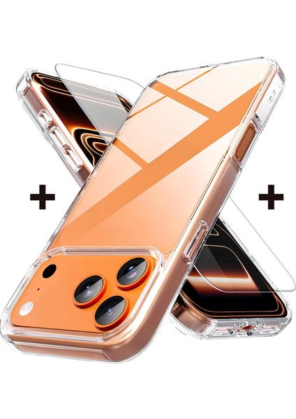 Apple iPhone 17 Pro Max Uyumlu Yumuşak Şeffaf Kılıf + Tam Kaplayan Ekran Koruyucu