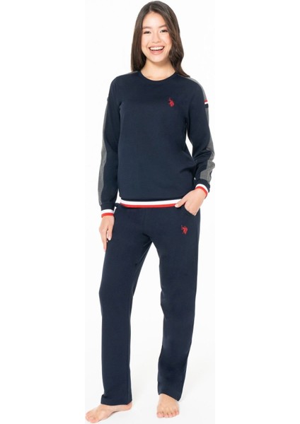 20116B Kadın Lacıvert Yuvarlak Yaka Uzun Kollu Pijama Takımı